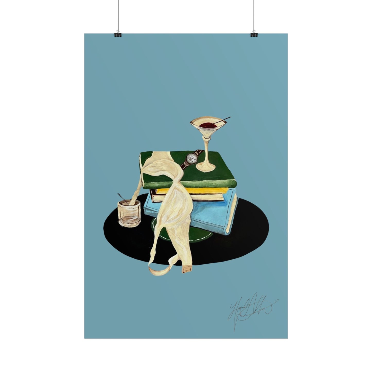 Last Call | Vintage Book Stack and Martini Glass Illustration