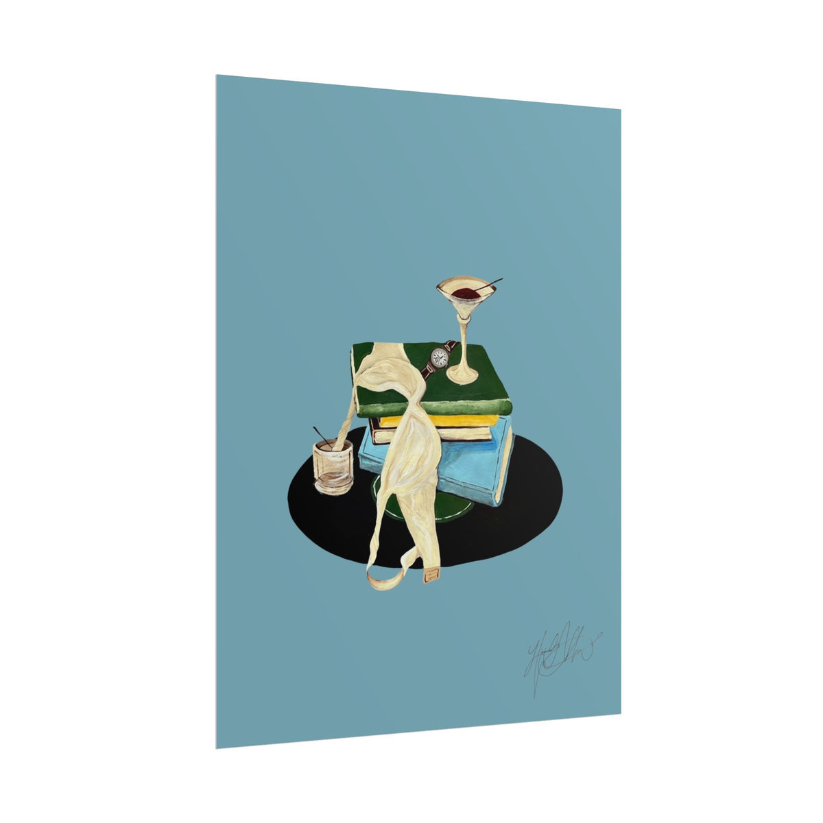 Last Call | Vintage Book Stack and Martini Glass Illustration