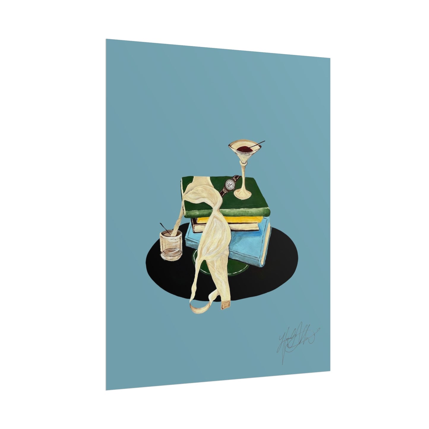 Last Call | Vintage Book Stack and Martini Glass Illustration
