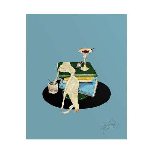Last Call | Vintage Book Stack and Martini Glass Illustration