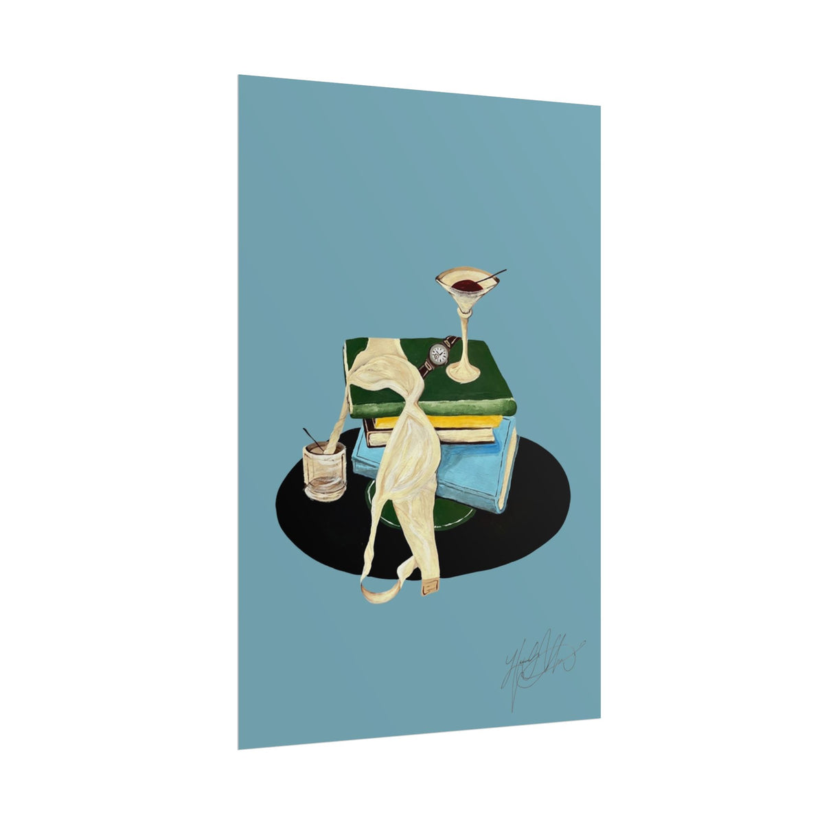 Last Call | Vintage Book Stack and Martini Glass Illustration