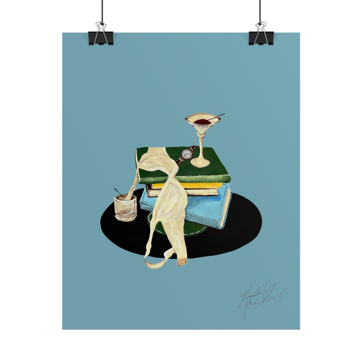 Last Call | Vintage Book Stack and Martini Glass Illustration