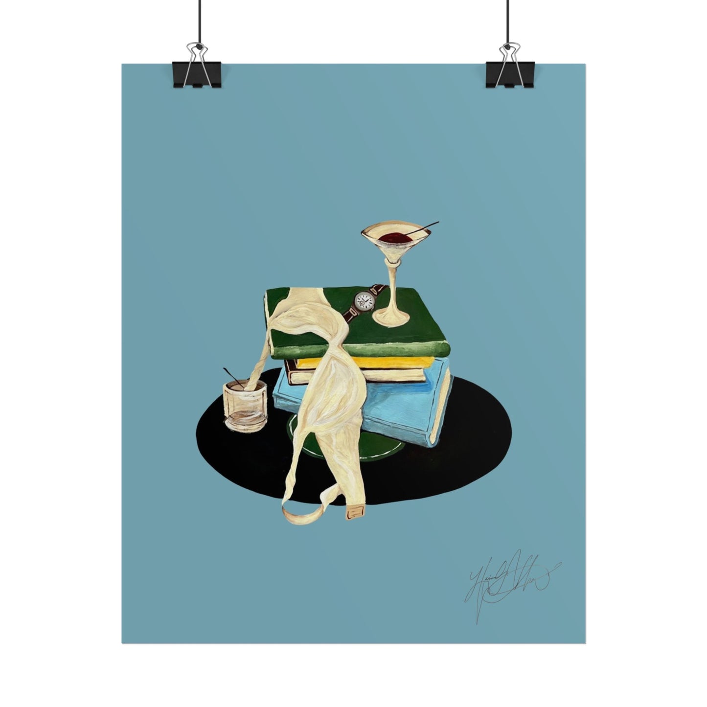 Last Call | Vintage Book Stack and Martini Glass Illustration