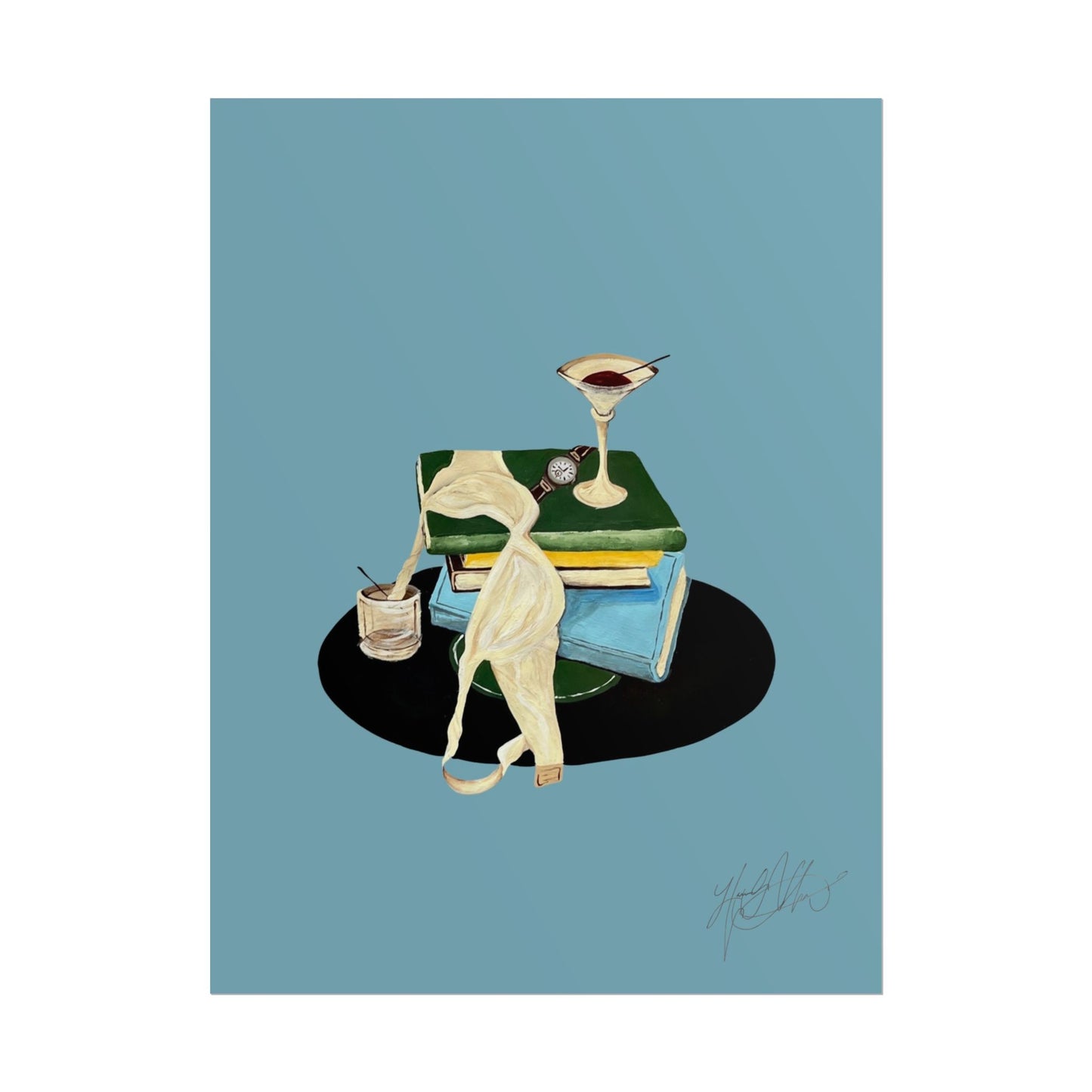 Last Call | Vintage Book Stack and Martini Glass Illustration