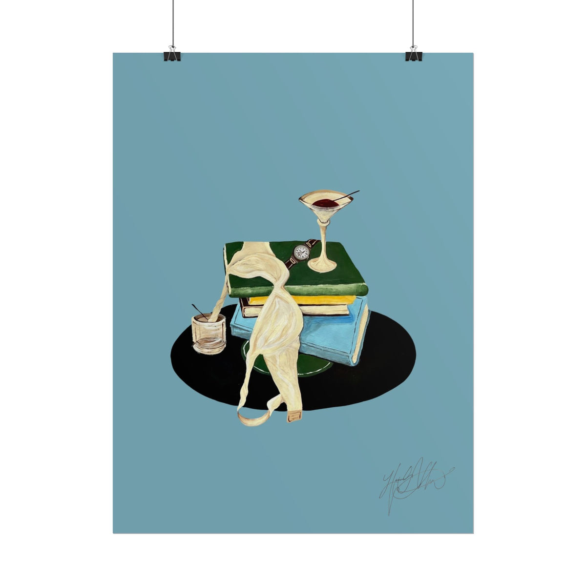 Last Call | Vintage Book Stack and Martini Glass Illustration